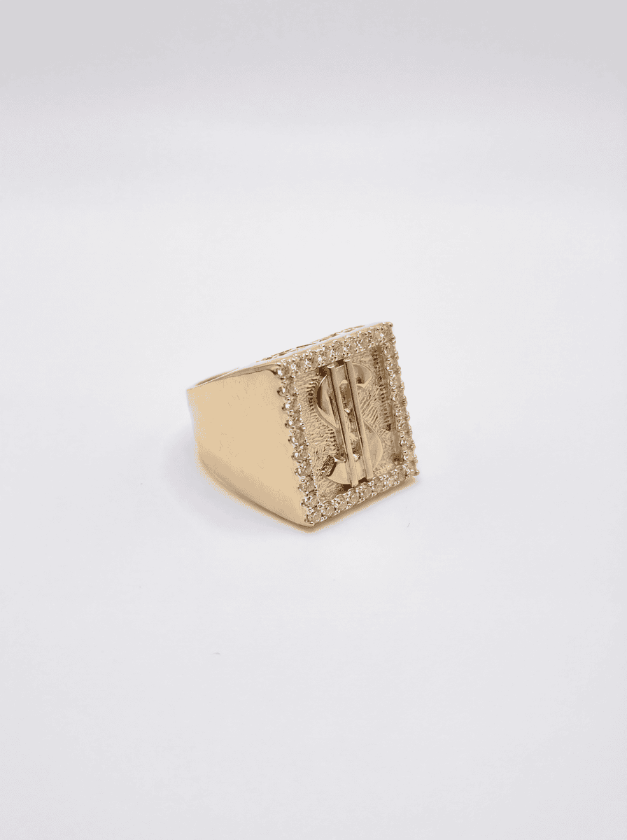 Chevalière carrée Dollar avec pierres incrustées – Or 18 carats (750/1000e)