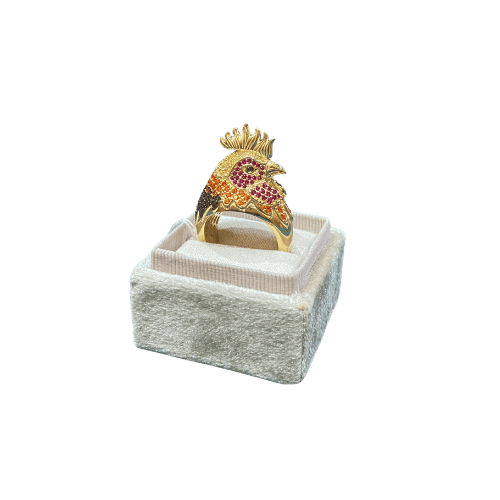 Chevalière Tête de Coq 3D avec pierres incrustées – Or 18 carats (750/1000e)